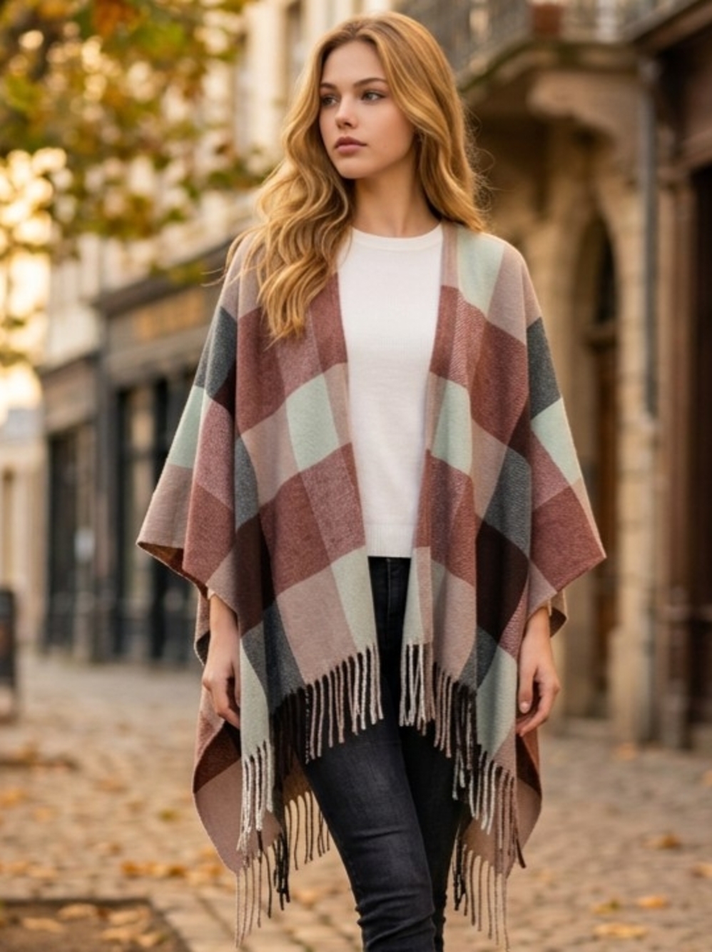 LC Lauren Conrad Rose Plaid Ruana Open-Front, Soft Neutral/Rust Check OS NWT